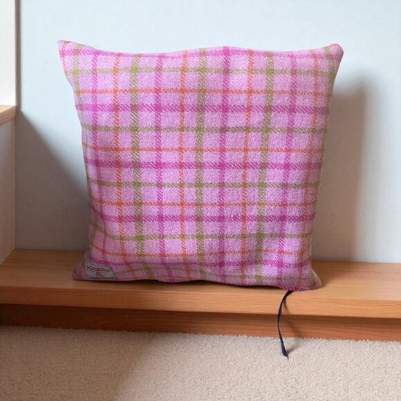 Harris Tweed Wool Pink Green Orange Plaid Preppy Throw Pillow 15x15 - Picture 1 of 4